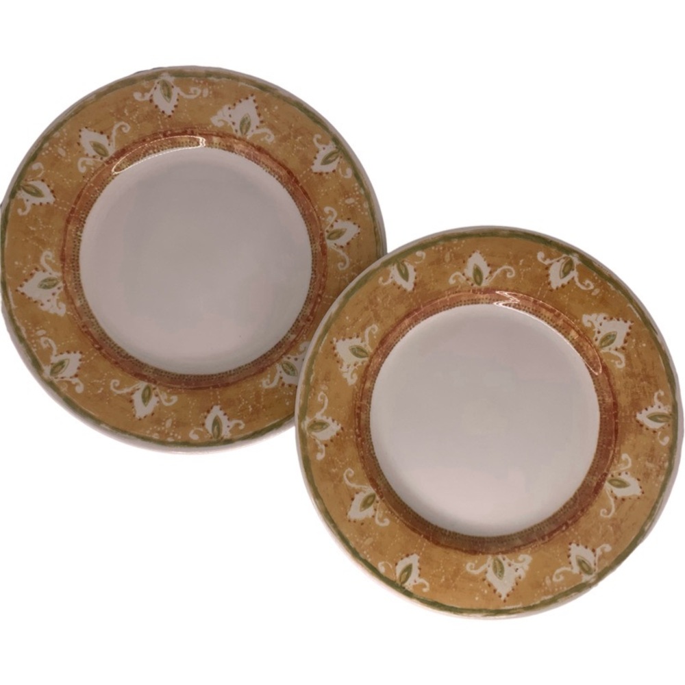Set/2 Pier One Moroccan Antiqued Gold Green Trim Salad Dessert Plates 8 3/4"